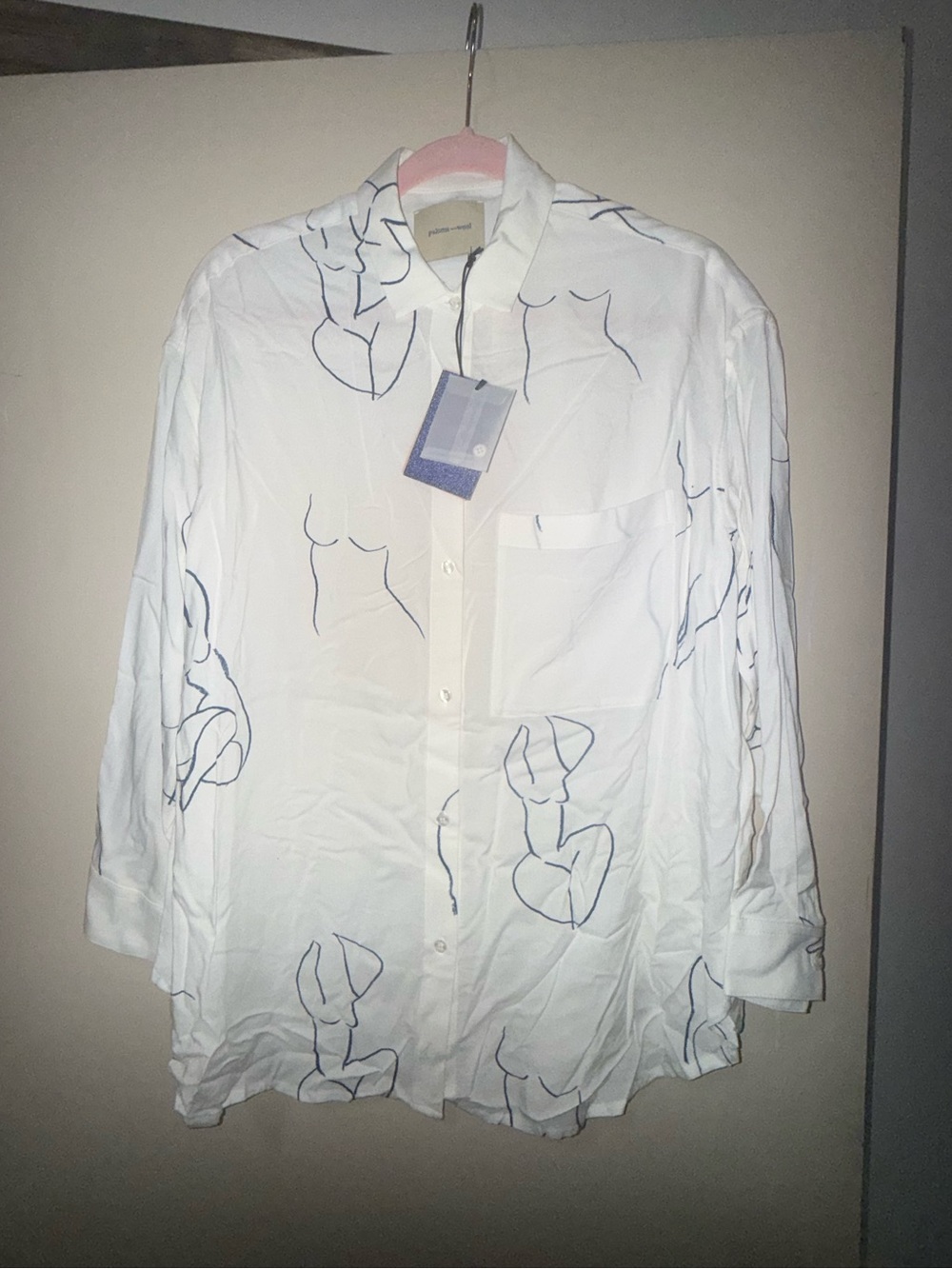 NWT PALOMA WOOL WOMENS LEANDRA BUTTON-UP BLOUSE, SIZE OS (MEDIUM), WHITE/BLUE